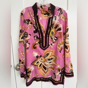 Tory Burch Pink Floral Tunic Top Size 8 Boho Beach Resort 100% Cotton Brown Trim